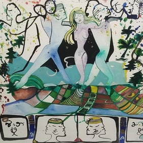 Andrea Smith pencil signed mixed media painting- 34 3/8"H 42"W framed O.D.