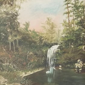 Antique oil painting on board- waterfall- in ornate frame (some chips) 14 1/2"H 12 11/16W O.D.