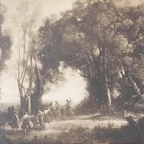 Antique lithograph in burl wood frame- 17 3/4"H 22 3/4"W framed O.D.