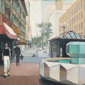 Dan Mackerman signed & dated '87 oil painting on canvas- Nicollet Mall- Mpls- 36 1/8"H 46 1/2"W