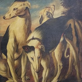 Reginald Baxter signed oil painting on canvas- dogs- (heavy craquelure) 51 3/4"H 39 3/4"W framed