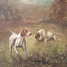Antique oil painting on canvas- hunting dogs- (as seen- holes, repairs) 15 1/2"H 23 1/2"W