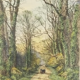 Fred Slocombe colored etching "A pleasant shady lane"- 33 5/8"H 19 3/4"W framed O.D.