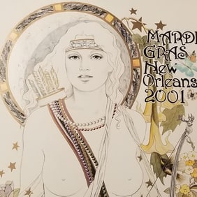 Mousie Clark unframed Mardi Gras New Orleans 2001 poster- inscribed "To Dan..." 29"H 22 1/4"W