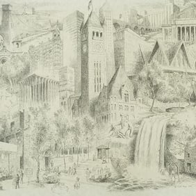 Cliff Moen print- Minneapolis - dated 1969- 26"H 32"W O.D. framed