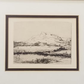 Rembrandt Harmensz van Rijn etching- Canal with an Angler and Two Swans- image size- 3 1/8"H 4 1/4"W