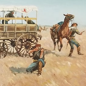 Mick Harrison signed oil painting on board "Skirmish" dated 1980- 19 1/4"H 31 1/4"W framed O.D.