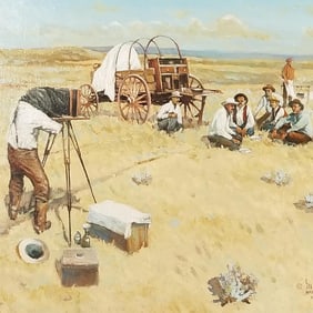 Mick Harrison signed oil painting on board "Cow Camp in Session" dated 1978- 25 1/4"H 31 1/4"W