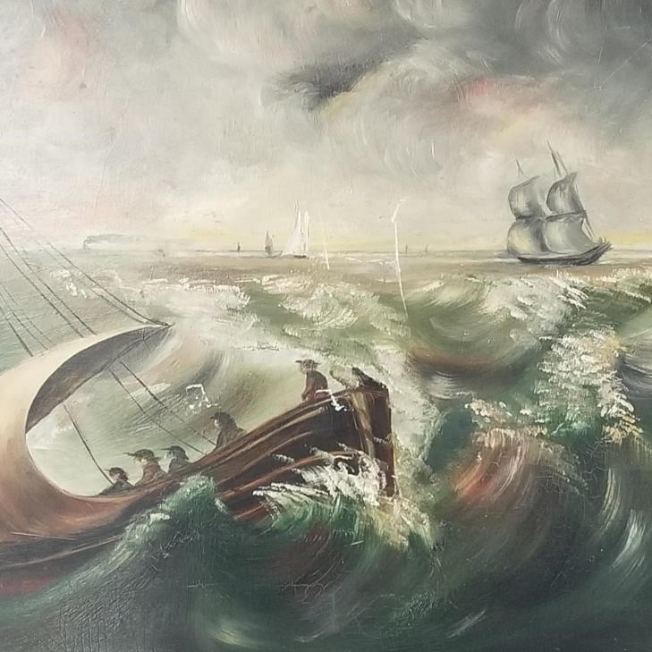Oil painting on board- ships (some scratches) 20 1/4"H 24"W framed O.D.: Oil painting on board- ships (some scratches) 20 1/4"H 24"W framed O.D.