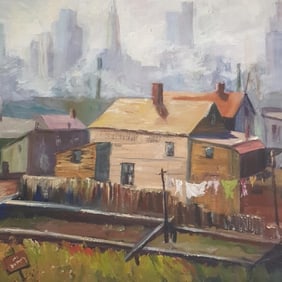 Vintage WPA style oil painting on board: cityscape- signed D.M. Hopkins on reverse- 19 1/2"H 25