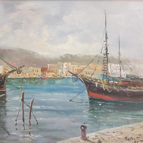 Vintage Salvati (?) signed oil painting on board- harbor scene with boats- 24"H 32"W framed O.D.