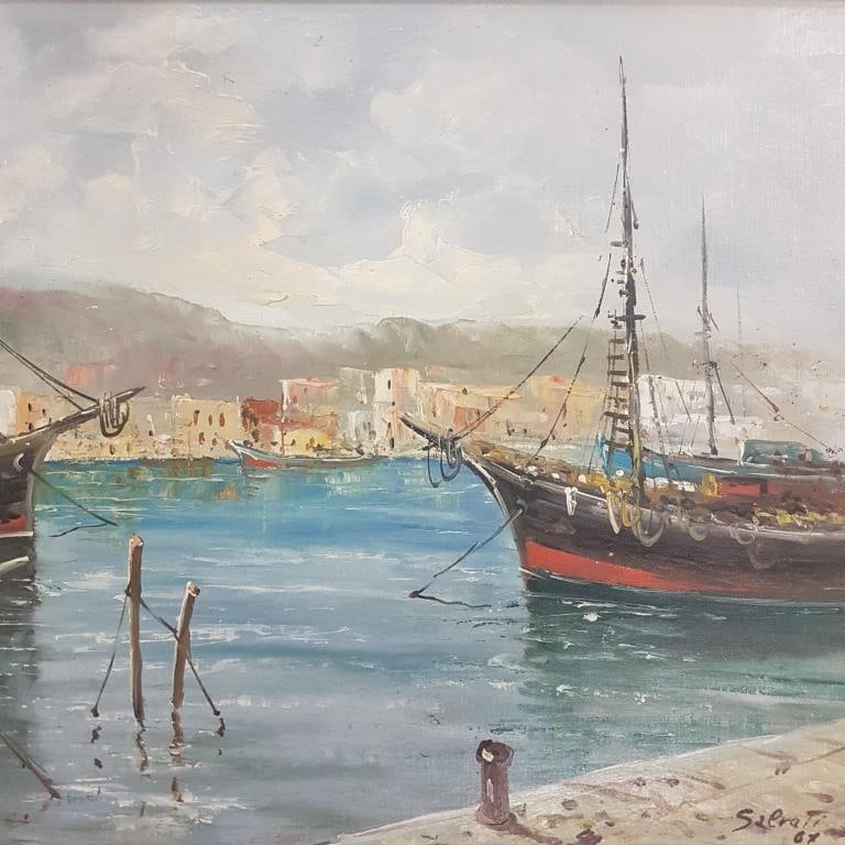 Vintage Salvati (?) signed oil painting on board- harbor scene with boats- 24"H 32"W framed O.D. (1 of 13)