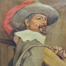 Signed 20th C. copy oil painting on canvas-- cavalier (minor loss to frame) 35 1/2"H 23 1/2"W framed