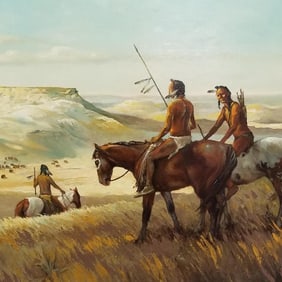 Mick Harrison signed and dated 1981 oil painting on canvas "Buffalo Hunters"- 31"H  43"W framed O.D.