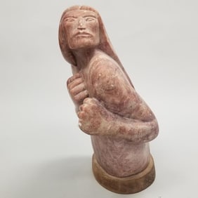 Carved stone Native American figure on wooden base (as seen- losses, marks, etc) 19 1/2"H 16"W