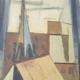 Vintage abstract oil painting on canvas- roof tops 23 7/8"H 18"W