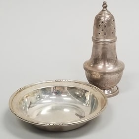 2 pieces sterling silver incl. muffineer & small bowl- 6 troy oz. total (1 engraved) 6 1/4"H