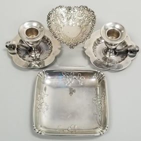 4 piece sterling silver incl 2 candlesticks, heart tray & repousse square tray- 9 troy oz. total- 4