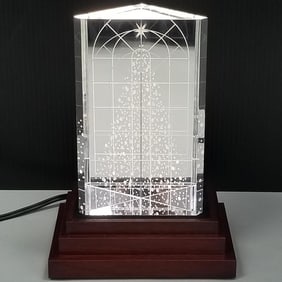 Steuben etched crystal sculpture- Christmas tree motif with lighted base in box- 9 3/4"H 7"W 5"D