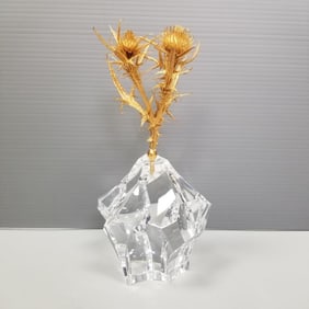 Steuben signed glass rock sculpture with gold vermeil thistle (minor nicks to corners) 7 1/2"H 3