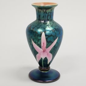 Orient & Flume art glass vase with lily design- signed Carter with paper label- 6 1/4"H 3"W