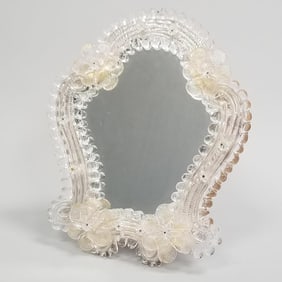 Murano glass floral decorated dresser top mirror (crack to lower piece) 9 3/4"H 8 1/4"W 2"D