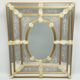 Murano ornate etched glass mirror with applied floral decoration- 34 1/4"H 28 1/4"W 2"D