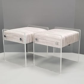 Pair heavy lucite stools (as seen- some stains to fabric, damages to lucite) 20"H 22"W 18"D