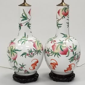 Pair large Chinese Famille Rose porcelain vases mounted as table lamps with wooden bases- 41"H 11