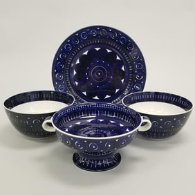 4 Arabia Finland serving pieces: platter- 13 3/8"D 2 handled compote- 4 5/8"H 11 1/2"D & 2 bowls 4