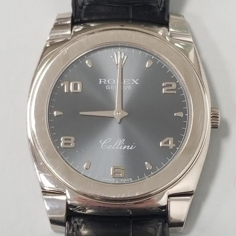 Rolex Cellini 18K white gold watch model #5330; serial # K67022 with leather strap and Rolex tang: Rolex Cellini 18K white gold watch model #5330; serial # K67022 with leather strap and Rolex tang buckle; original box- 30mm dial diameter- 9" band
