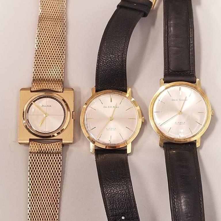 2 Hales 21 jewels wristwatches- custom made ? with names Dale Simons & Dr. D.E. Ness & Bulova Swiss: 2 Hales 21 jewels wristwatches- custom made ? with names Dale Simons & Dr. D.E. Ness & Bulova Swiss made watch (all as is- not running)