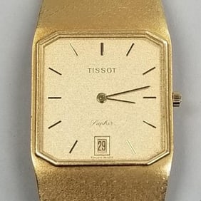 18K gold Tissot Laphir date wristwatch with 18K gold band- 73.6g total incl movement- 6 1/2L; 25mm