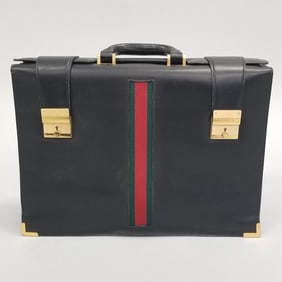 Vintage Gucci- Italy briefcase: black leather with red & green web stripe- 12"H 16"W 4 1/2"D
