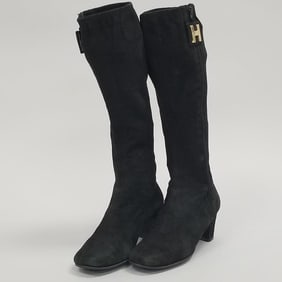 Vintage Hermes- Paris black suede mid-calf boots with "H" zipper pull- size 5- 16"H