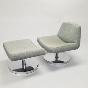 Goodman Charlton contemporary upholstered swivel chair & ottoman on round metal bases- 30 1/2"H 30