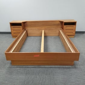 Danish teak queen size bed with headboard & rails (as seen- needs repair) 104"W 26 1/2"H 90"L