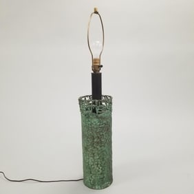 Fantoni Italy signed & numbered 1010 hammered copper cylinder table lamp with green verdigris