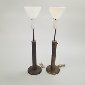 Two Walter Von Nessen tall brass table lamps with glass shades (finish wear & some oxidation) 30