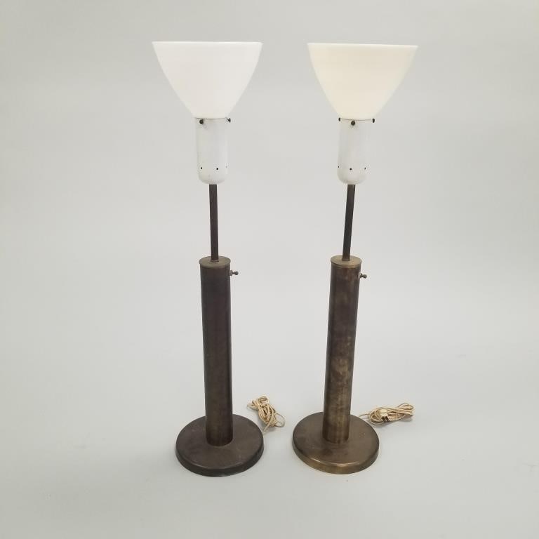 Two Walter Von Nessen tall brass table lamps with glass shades (finish wear & some oxidation) 30 (1 of 16)