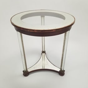 Art Deco round lamp table with glass legs & steel rods (as seen- wear) 23 3/4"H 22 1/8"D