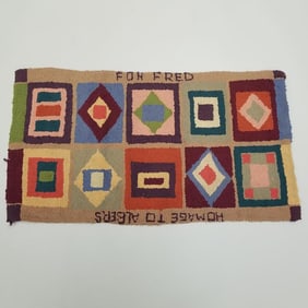 Unique vintage mid-century hooked rug "For Fred Homage to Albers" 23 1/2"H 42"W