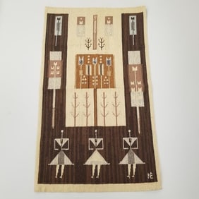 Eva Nemeth mid-century weaving/ wall hanging with woven initials on corner- 61 1/4"H 36 1/2"W