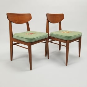 Pair mid-century modern walnut side chairs with needlepoint seats (as seen- spotting to seats) 30