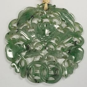 Antique carved jade pendant with bat motif- 2 1/8" diameter