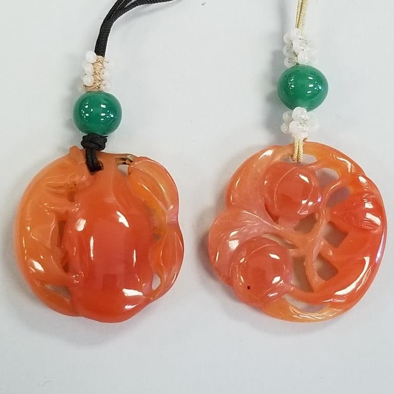 2 antique carved red hardstone pendants with fox & fruit motif- 1 1/4"L (1 of 11)