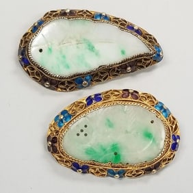 2 vintage jade brooches set in gilt silver with enamel- 1 3/4" longer