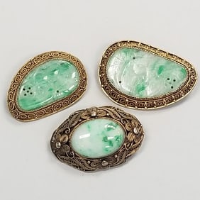3 vintage jade brooches set in gilt silver- 1 1/2" longest