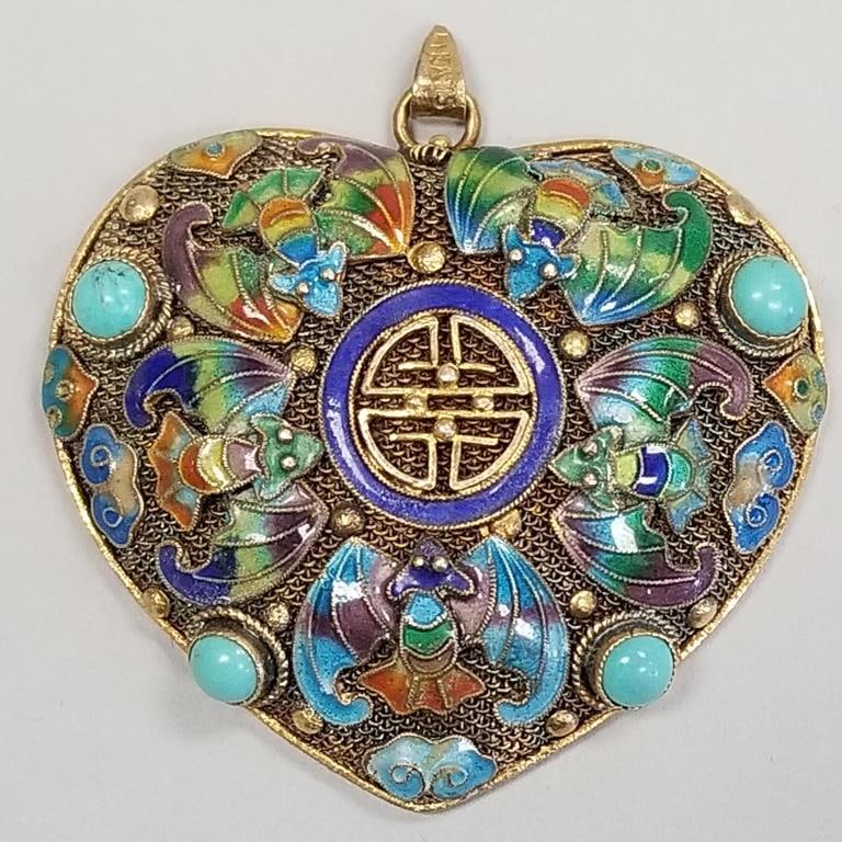 Vintage enameled gilt silver heart pendant set with turquoise accents & bat motif- 1 1/2" (1 of 10)
