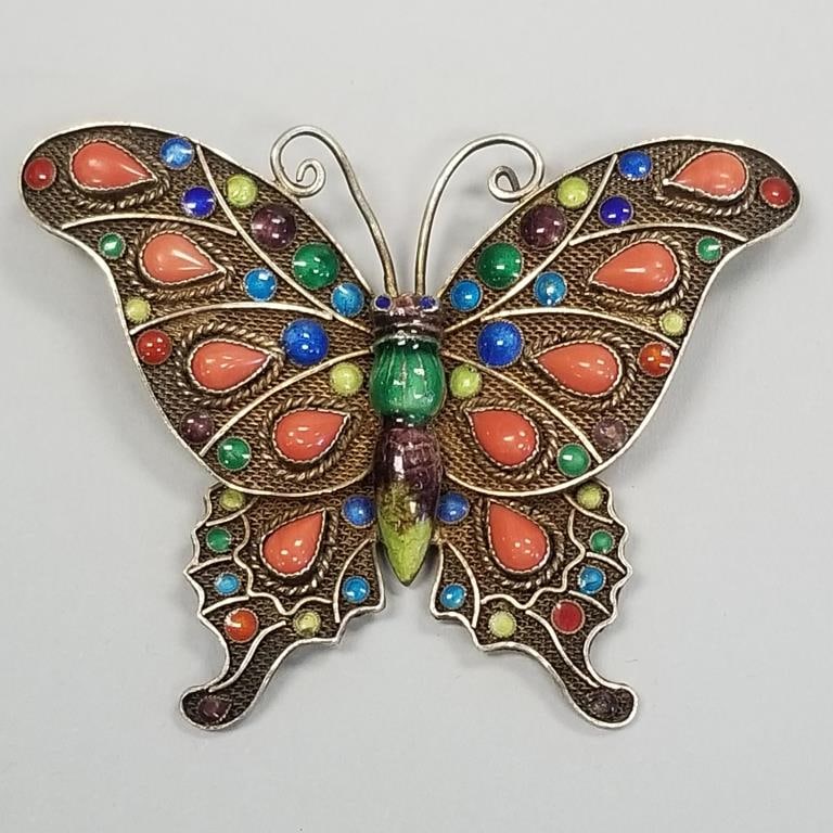 Vintage enameled gilt silver butterfly brooch with coral accents- 2 1/4" (1 of 9)